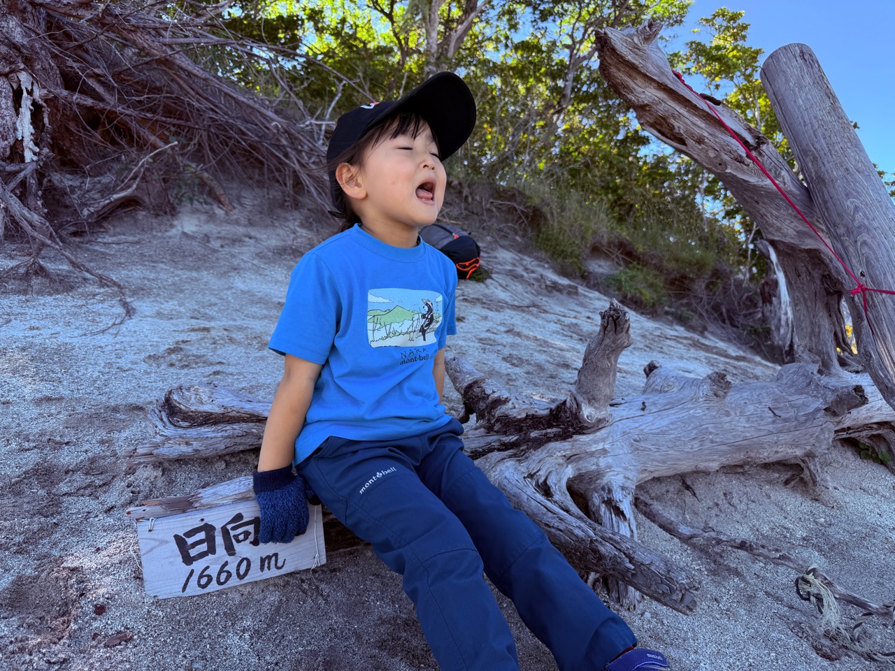 日向山山頂で休憩 標高1660メートルの日向山山頂標識の横で休憩する4歳児