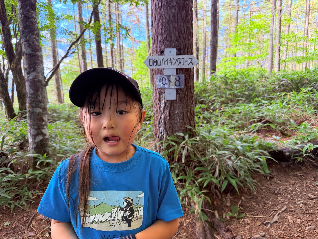 日向山ハイキングコースを下山 日向山ハイキングコースの標識前で下山中の4歳児